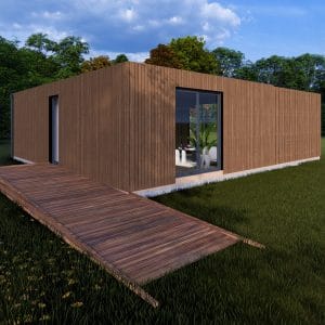 Module en bois moderne L'Eden PMR de 49,9 m², avec bardage bois marron, grande baie vitrée et terrasse en bois exotique, implanté dans un environnement verdoyant.