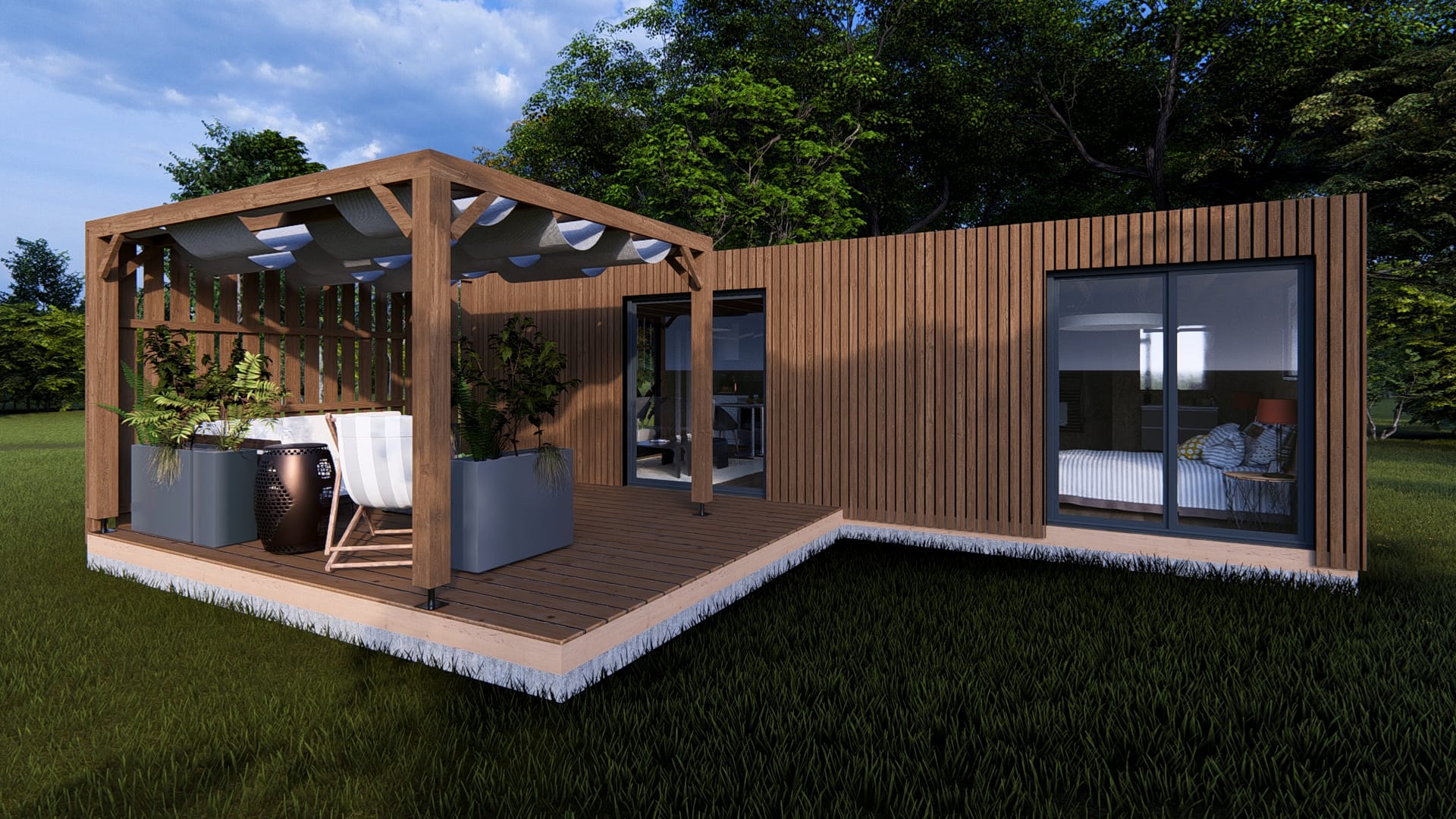 Module en bois contemporain L'Eden PMR avec terrasse couverte et pergola, finition bardage bois marron, baies vitrées et jardinières design.