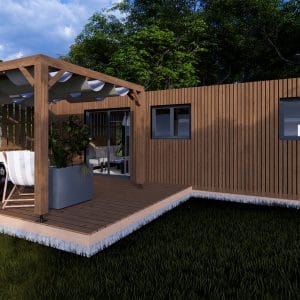 Module en bois moderne L'Eden avec pergola intégrée et terrasse, revêtement en bois naturel et grandes baies vitrées.