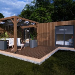 Module en bois moderne Le Cosy avec terrasse couverte et espace détente extérieur, installé dans un cadre verdoyant.
