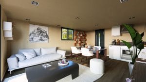 Intérieur moderne d'un module en bois avec salon lumineux et espace salle à manger intégré, décoré avec une grande photo de montagne en noir et blanc.