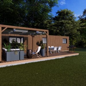 Module en bois moderne avec terrasse couverte intégrée, installé dans un environnement verdoyant et naturel.