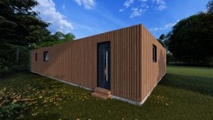 Module en bois moderne "Le Lounge" de 82 m² avec bardage vertical marron et porte d'entrée contemporaine, installé dans un environnement verdoyant.