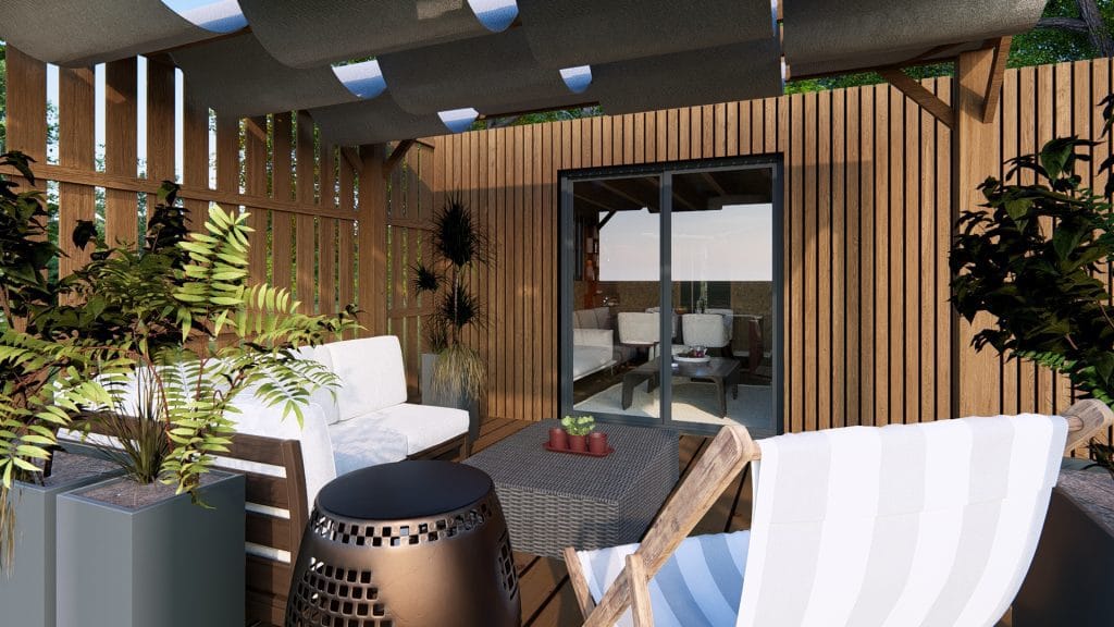 Terrasse couverte moderne d'un module en bois avec pergola, mobilier d'extérieur confortable et végétation luxuriante