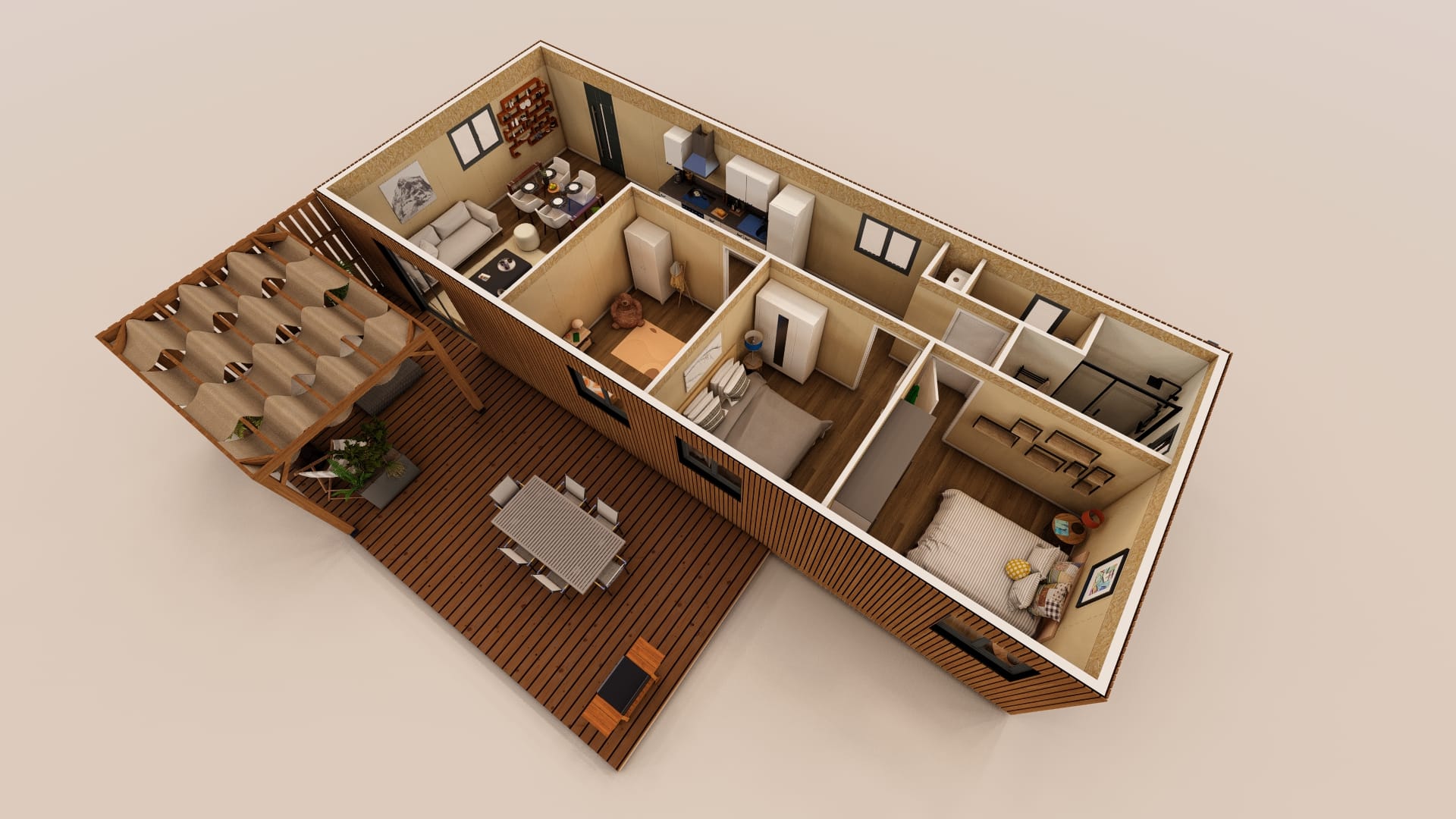 Vue en 3D d'un module d'habitation en bois de 82 m² avec terrasse couverte, présentant un agencement moderne et fonctionnel.