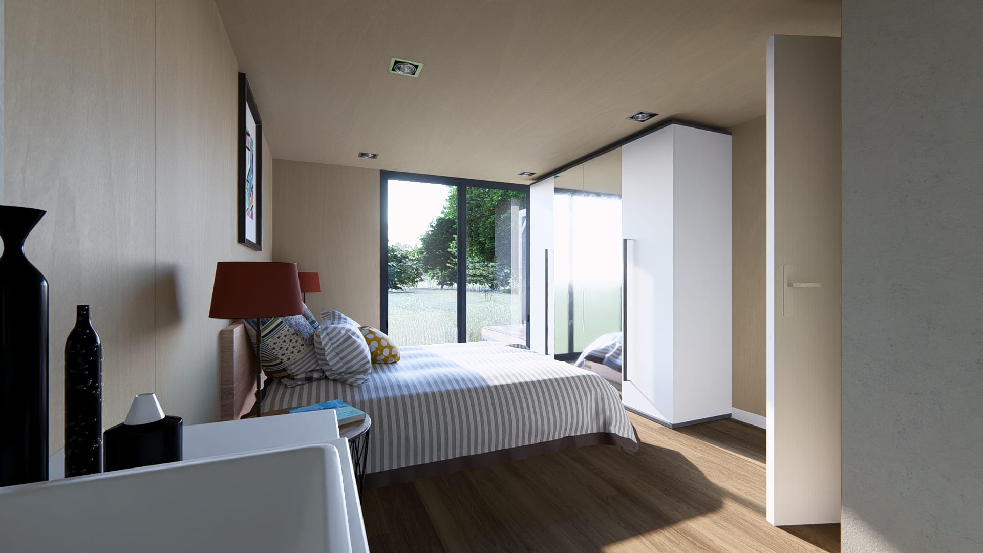 Chambre moderne et lumineuse dans un module en bois avec grande baie vitrée donnant sur la nature