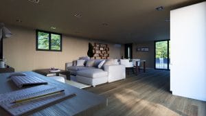 Intérieur moderne et lumineux d'un module en bois avec espace de travail et salon décloisonné