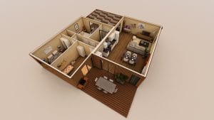Vue en 3D d'un module d'habitation en bois avec terrasse, montrant un agencement moderne et fonctionnel d'un espace de vie de 101,4 m².