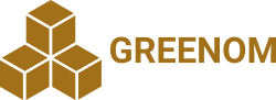 Logo Greenom: trois cubes en disposition pyramidale symbolisant l'habitat modulaire écologique en bois.
