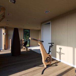 Salle de sport lumineuse avec équipements en bois design, située dans un module en bois moderne, entourée de verdure.