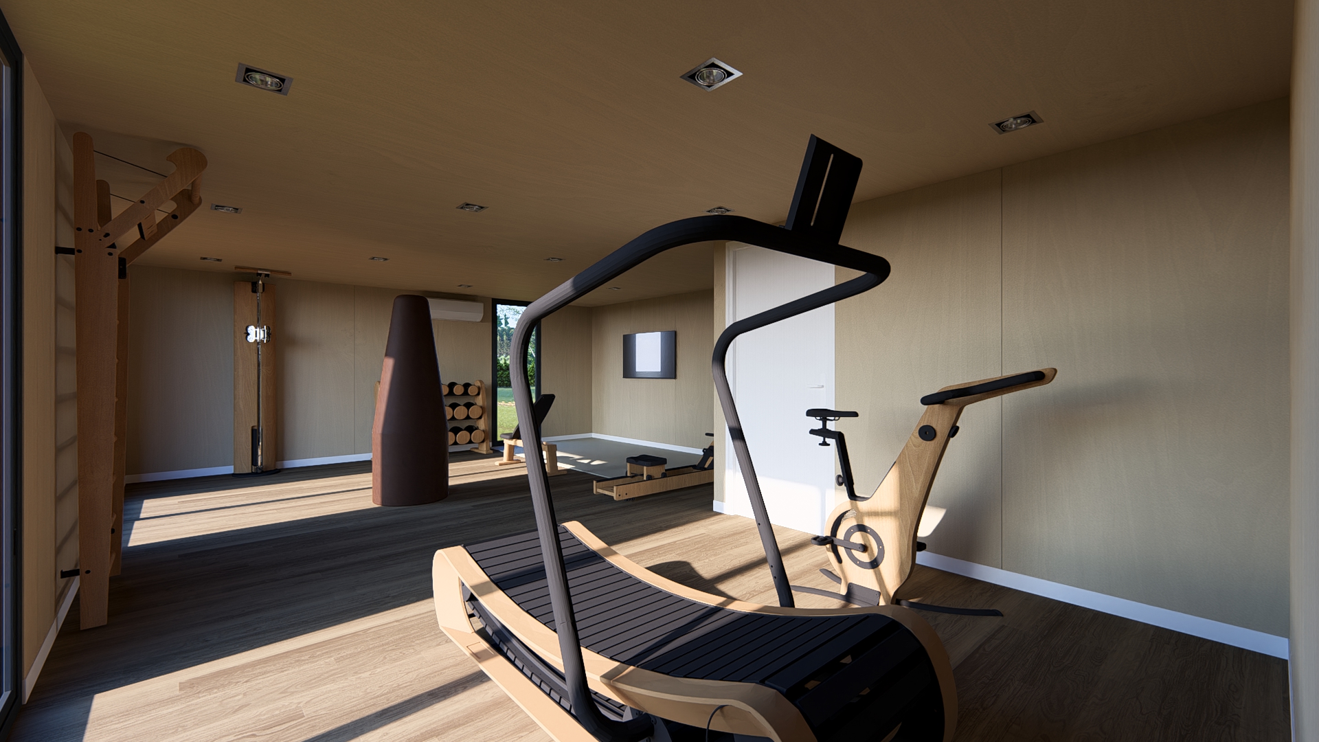 Salle de sport moderne en bois avec des équipements design et épurés, baignée par une lumière naturelle grâce à de grandes ouvertures.